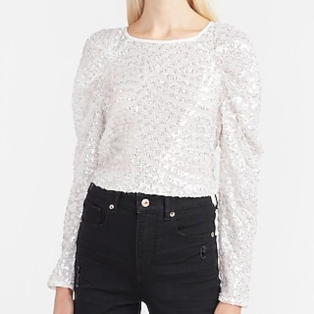 EXPRESS Sequin Ruched Shoulder Top Small